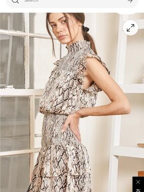 Smocked Snake Print Midi Dress with Ruffled Neckline